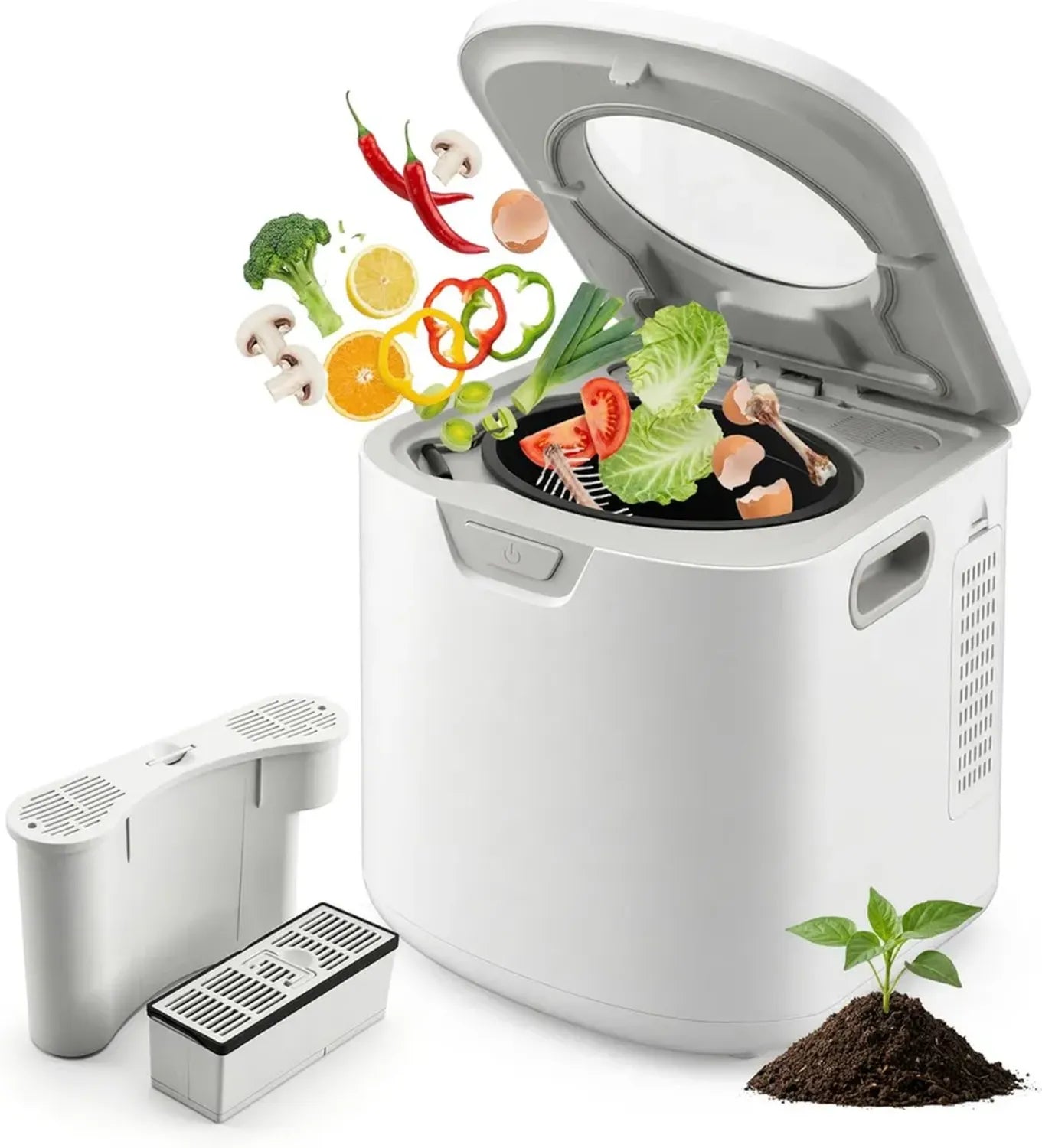 Composteur de Cuisine Intelligente 3,8L - Système Électrique Anti-Odeurs avec Filtres à Charbon, Trois Modes Automatiques, Blanc