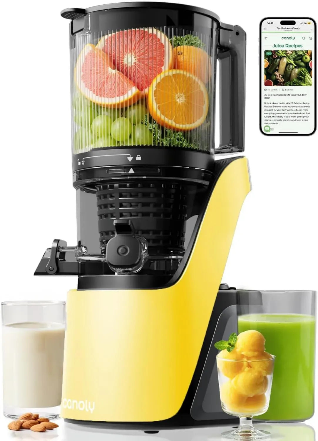 Extracteur de Jus Canoly avec Large Ouverture, Multifonction 3-en-1 pour Jus, Sorbets et Boissons Végétales - Moteur Puissant pour Fruits et Légumes Entiers - Sans BPA