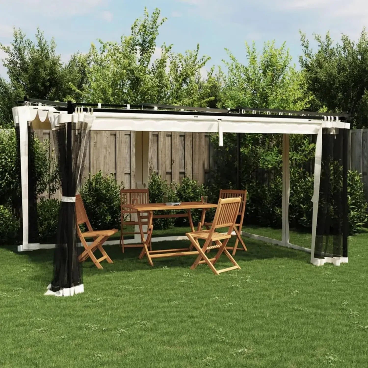 Pavillon de Jardin 4x3m en Acier Inoxydable avec Murs en Maille Crème et Toit Imperméable