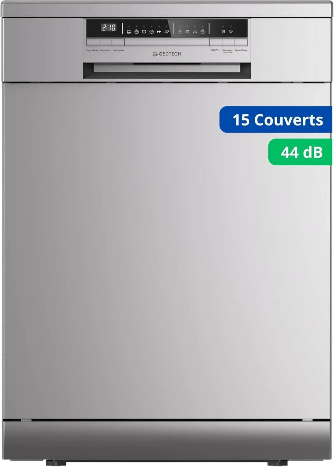 Lave-vaisselle GEDTECH 15 Couverts - Ultra Silencieux 44 dB - 9 Programmes - Départ Différé - Éco - Classe Énergétique C - Argent - Sécurité Enfant