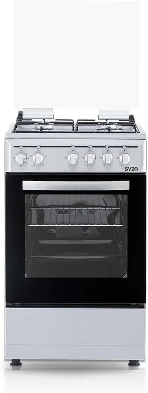 Cuisinière mixte gaz butane 4 foyers avec four 48L en inox, contrôle manuel, 5 programmes, porte double vitrage, couvercle rabattable