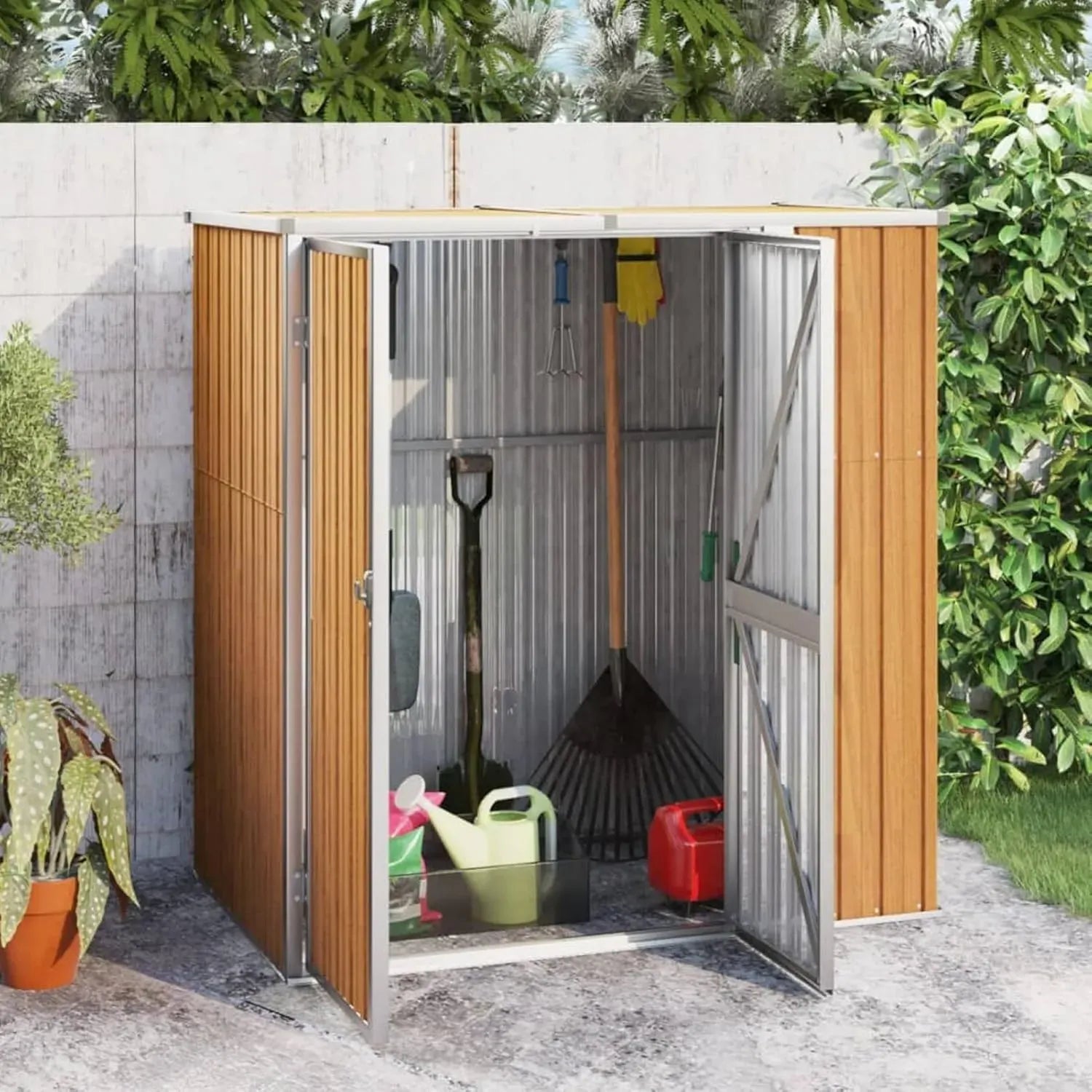 Abri de Jardin en Acier Galvanisé Marron 161x89x161 cm, Rangement Extérieur pour Outils
