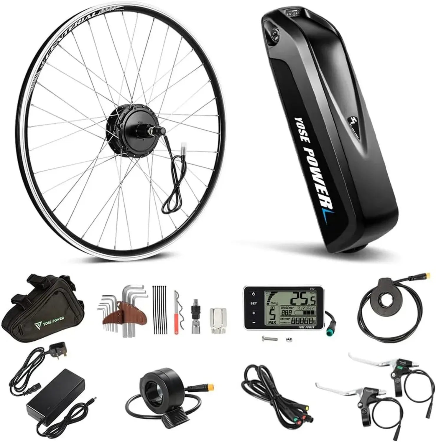 Kit de Conversion Vélo Électrique 36V YOSE POWER pour Roues 26'' à 28'' avec Moteur Arrière et Batterie Intégrée