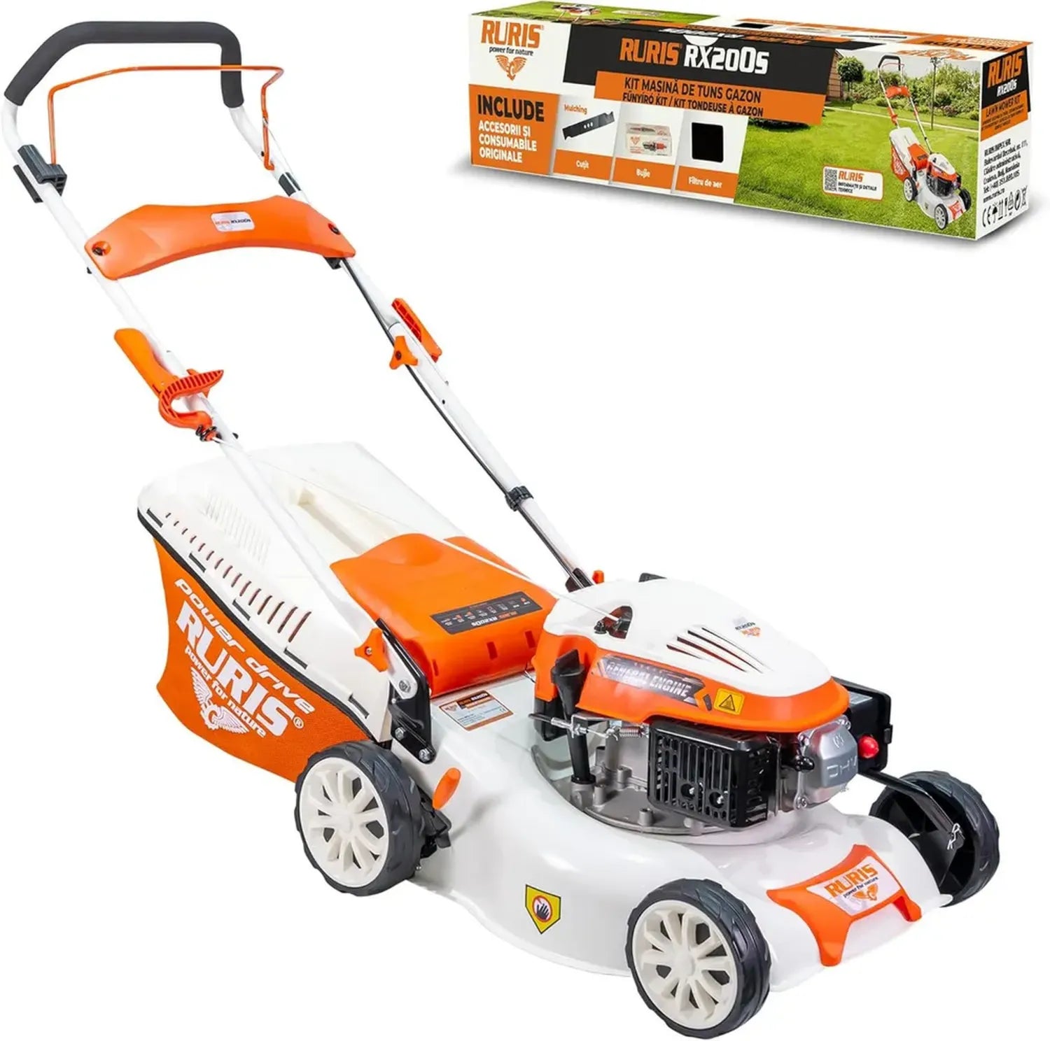 Tondeuse à Essence RURIS RX200S, 2,7 CV, Largeur 42 cm, Sac 45L, 3 Fonctions: Collecte, Éjection, Mulching, Châssis Acier, Hauteur Ajustable 25-75 mm, Accessoires: Lame, Bougie, Filtre