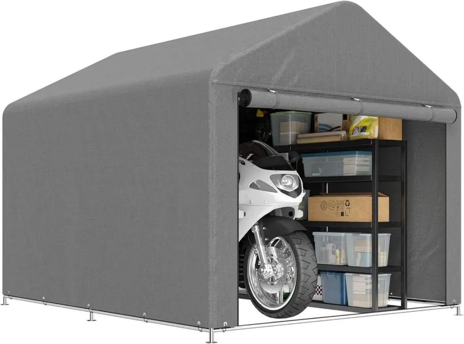 Outsunny Abri Moto 2x2.4 m, Tente de Garage Imperméable, Porte Roulante, Galvanisé, Gris Clair