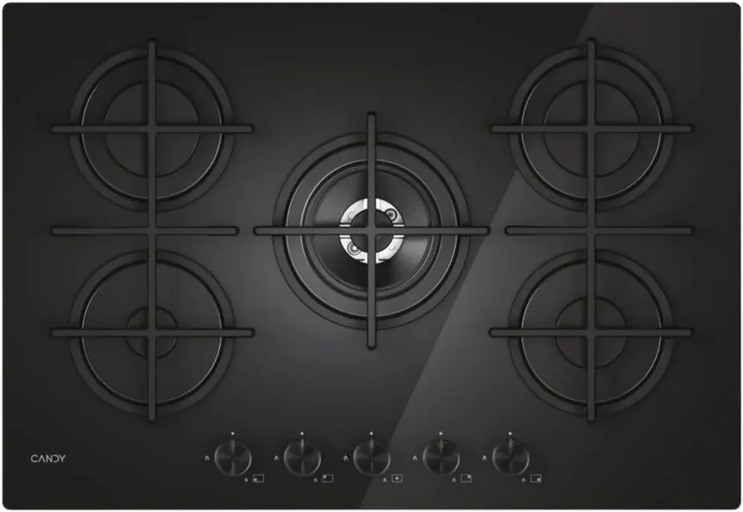 Plaque de Cuisson à Gaz 5 Feux Noir avec Verre Trempé & Brûleur Double Couronne
