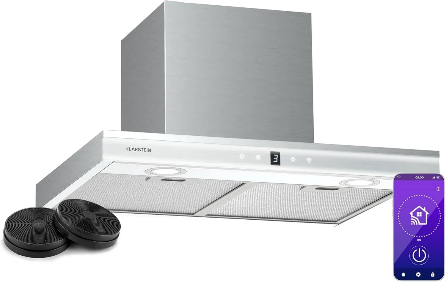 Hotte Murale Klarstein Auriana 60cm, 700 m³/h, Efficacité Énergétique A+, LED Blanc Froid, Contrôle Tactile WiFi, Silencieuse avec Filtre à Charbon, Noir Élégant