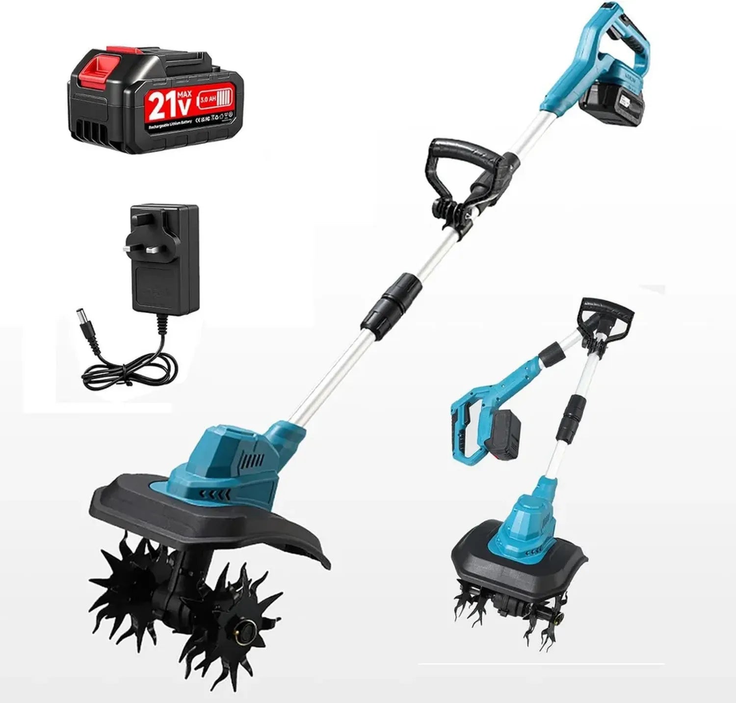 Motobineuse Électrique Sans Fil 21V avec 2 Batteries, Poignée Réglable, Largeur 22,8 cm, Profondeur 17,8 cm