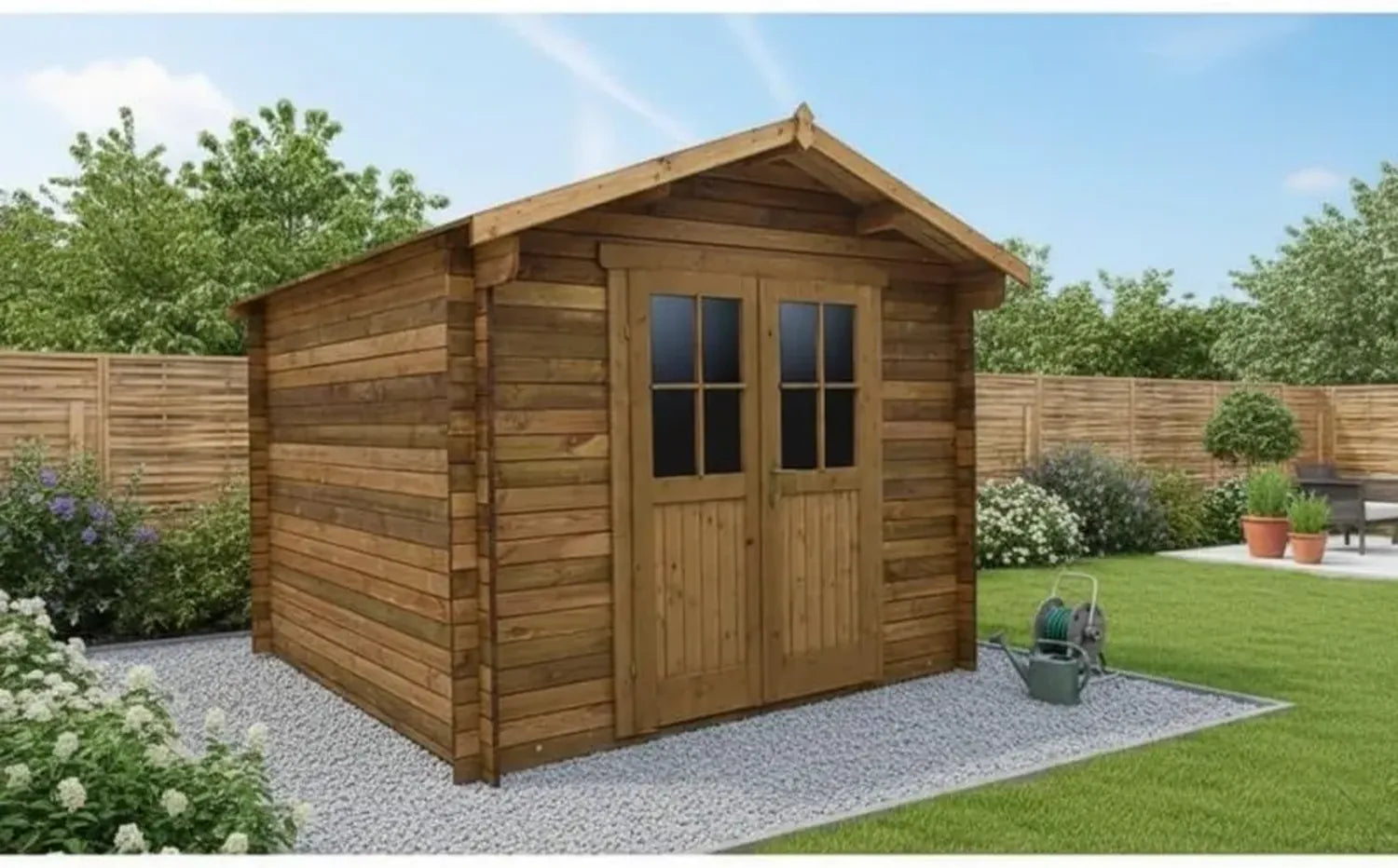 Abri de Jardin en Bois Traité 9m² 28mm | Rangement Extérieur avec Toit en Voliges | Portes Solides et Traitement Anti-Insectes