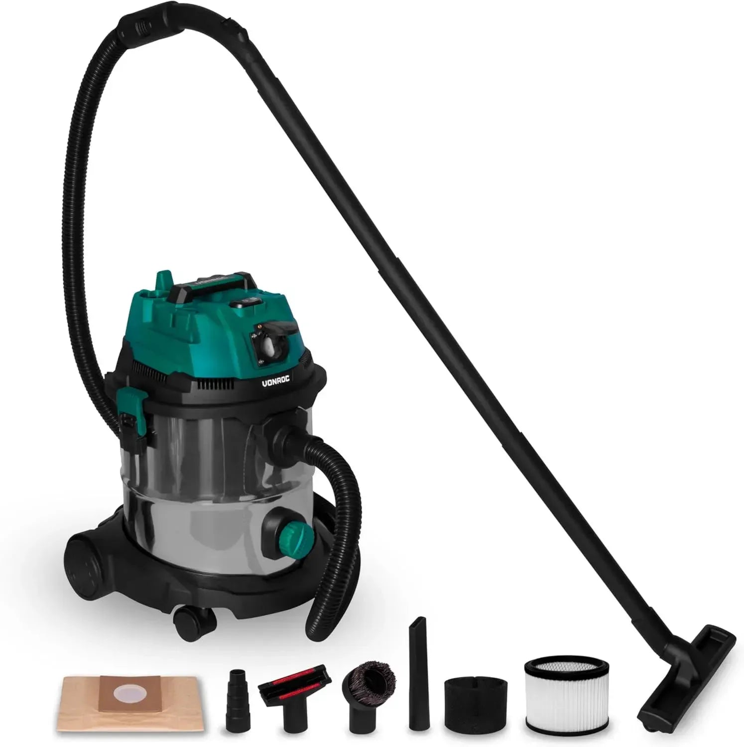 Aspirateur Eau-Poussière 1400W, Cuve INOX 20L, Soufflage, Prise Auto 2000W, Filtre HEPA, Accessoires Complets