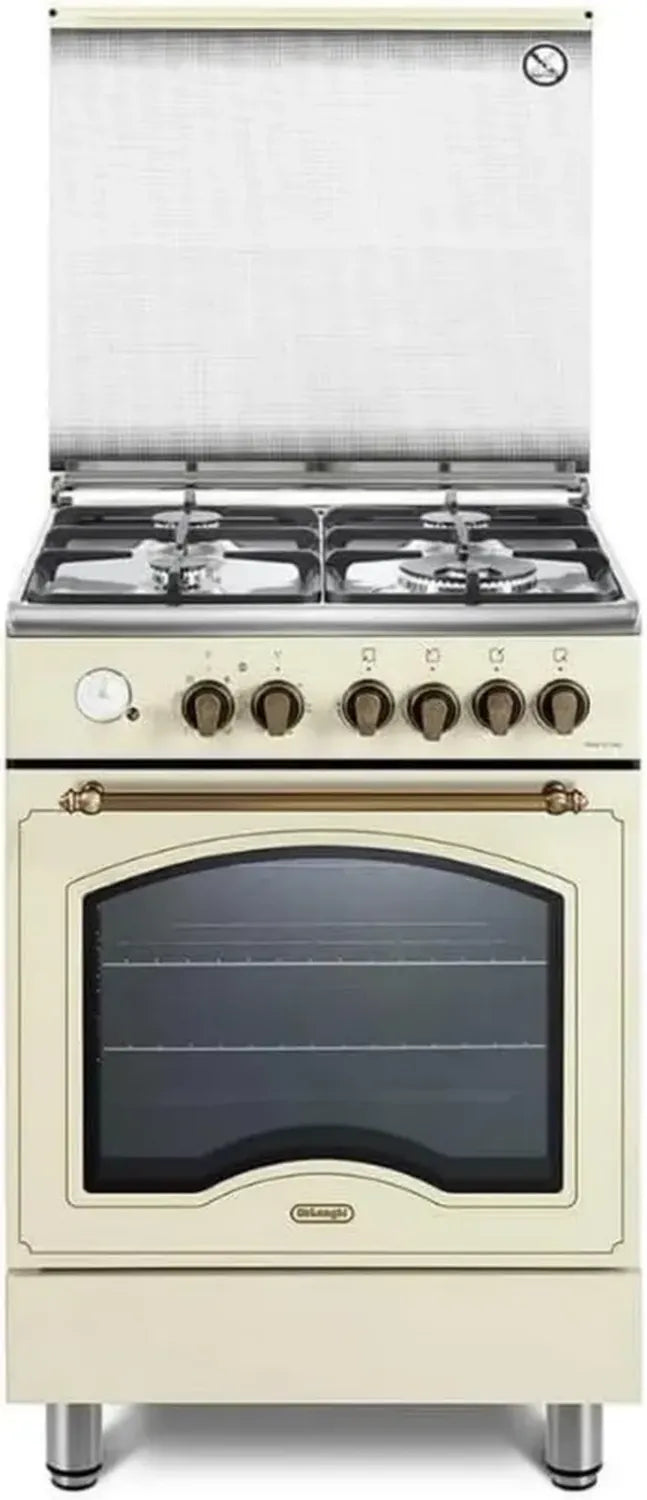Cuisinière à Gaz De'Longhi 60 cm, Four Électrique Multifonction, 4 Brûleurs, Double Couronne, Grilles Fonte, Nettoyage Facile, Crème, Classe Énergétique