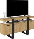 Buffet TV Industriel Noir et Bois avec LED, 160cm, 2 Tiroirs et Portes pour Salon