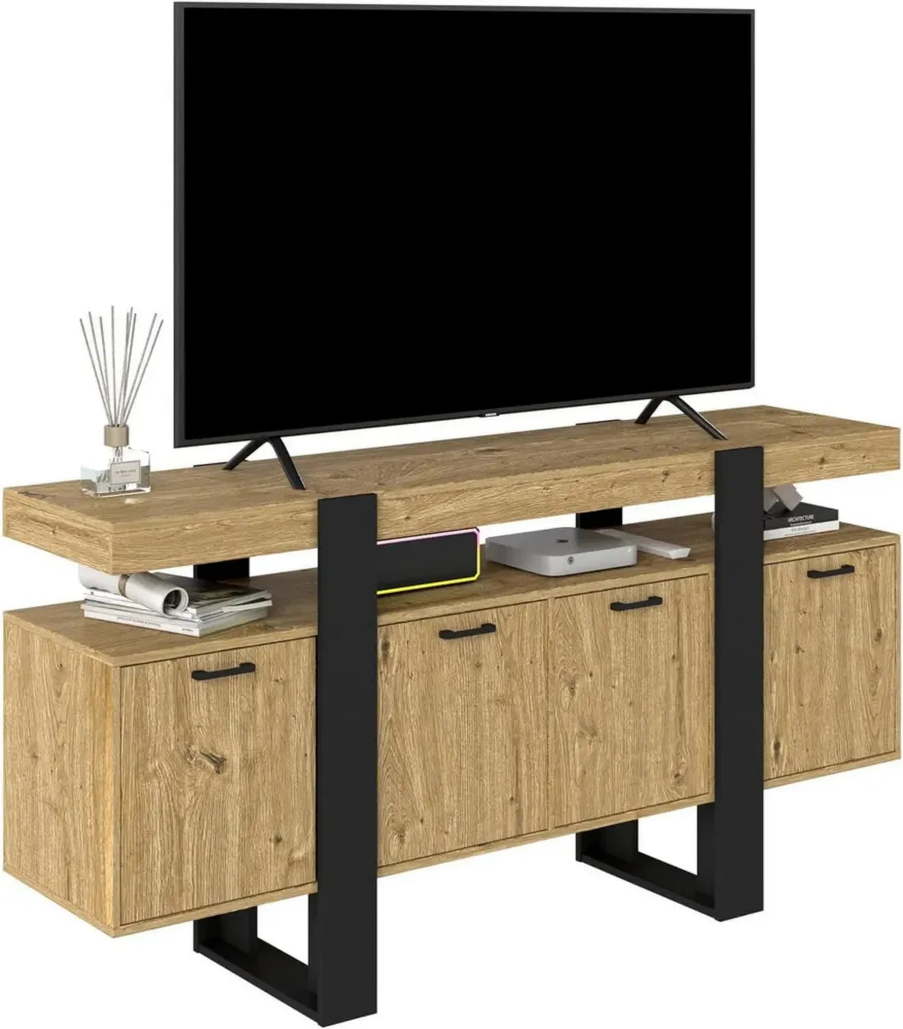 Buffet TV Industriel Noir et Bois avec LED, 160cm, 2 Tiroirs et Portes pour Salon