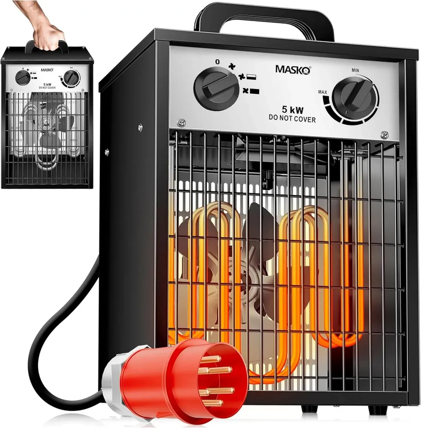 Radiateur Soufflant Électrique 5 kW avec Thermostat, 3 Niveaux, Intérieur/Extérieur