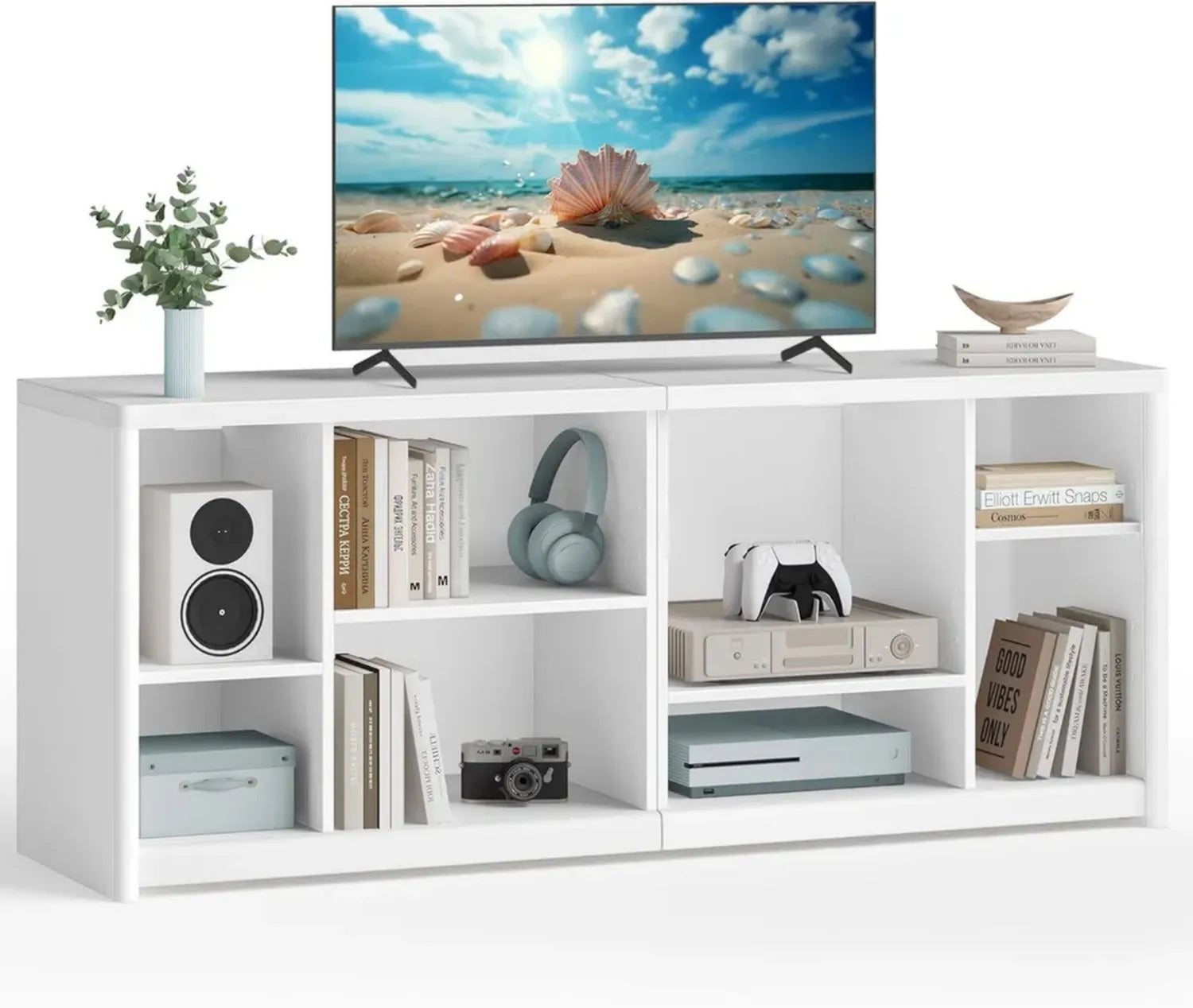 Meuble TV VASAGLE 65'' avec Étagères de Rangement, Console Facile à Monter, Blanc Nuage