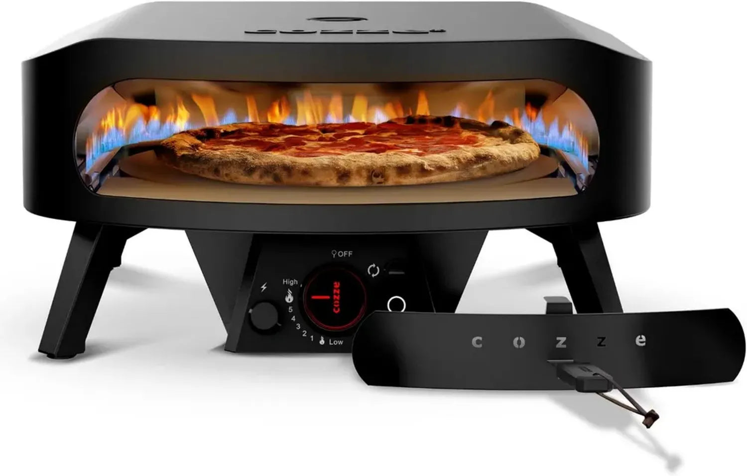 Four à pizza à gaz noir avec pierre rotative, 43 cm, 600°C, prêt en 2 minutes