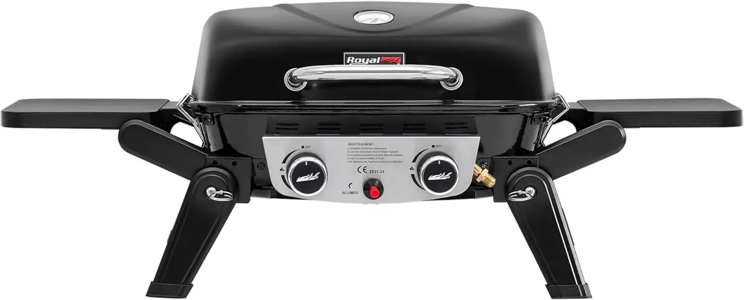 Barbecue à Gaz Portable 2 Brûleurs, Couvercle et Tables Latérales Pliables, 5kW, Surface 48x37 cm, Idéal pour Camping et Jardin