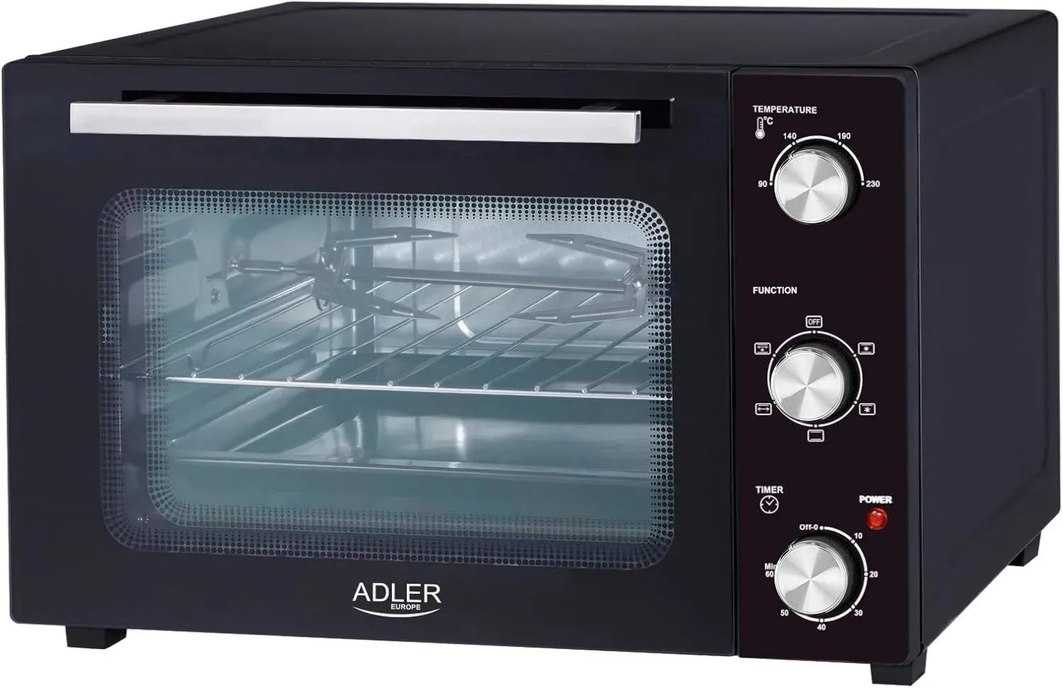 Four Électrique Adler 35L AD 6025 avec Convection et Rôtissoire, Température Réglable 90-230°C, Minuterie 60 Min, Accessoires Inclus, Noir