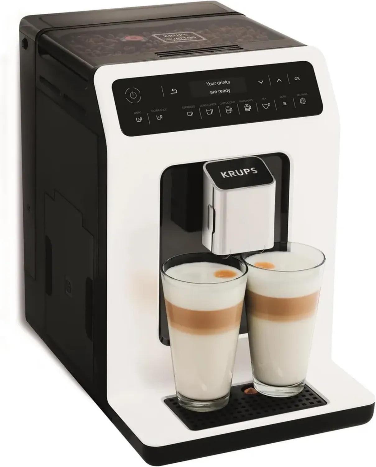 Krups Machine à Café Grain - Express, Cappuccino, Expresso, 15 Boissons - Double Tasse - Made in France, Blanc
