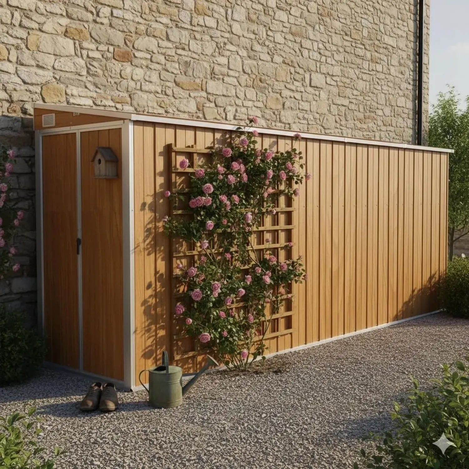 Cabane de Jardin Murale en Acier Galvanisé Imitation Bois, Marron, 118 x 382 x 178 cm, pour Stockage d'Outils et Équipements