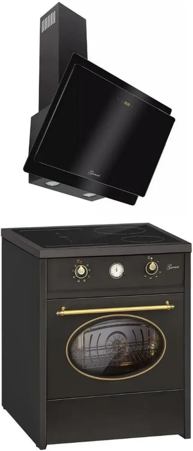 Ensemble de cuisine rétro induction 60 cm, four 60 L noir avec hotte murale en verre