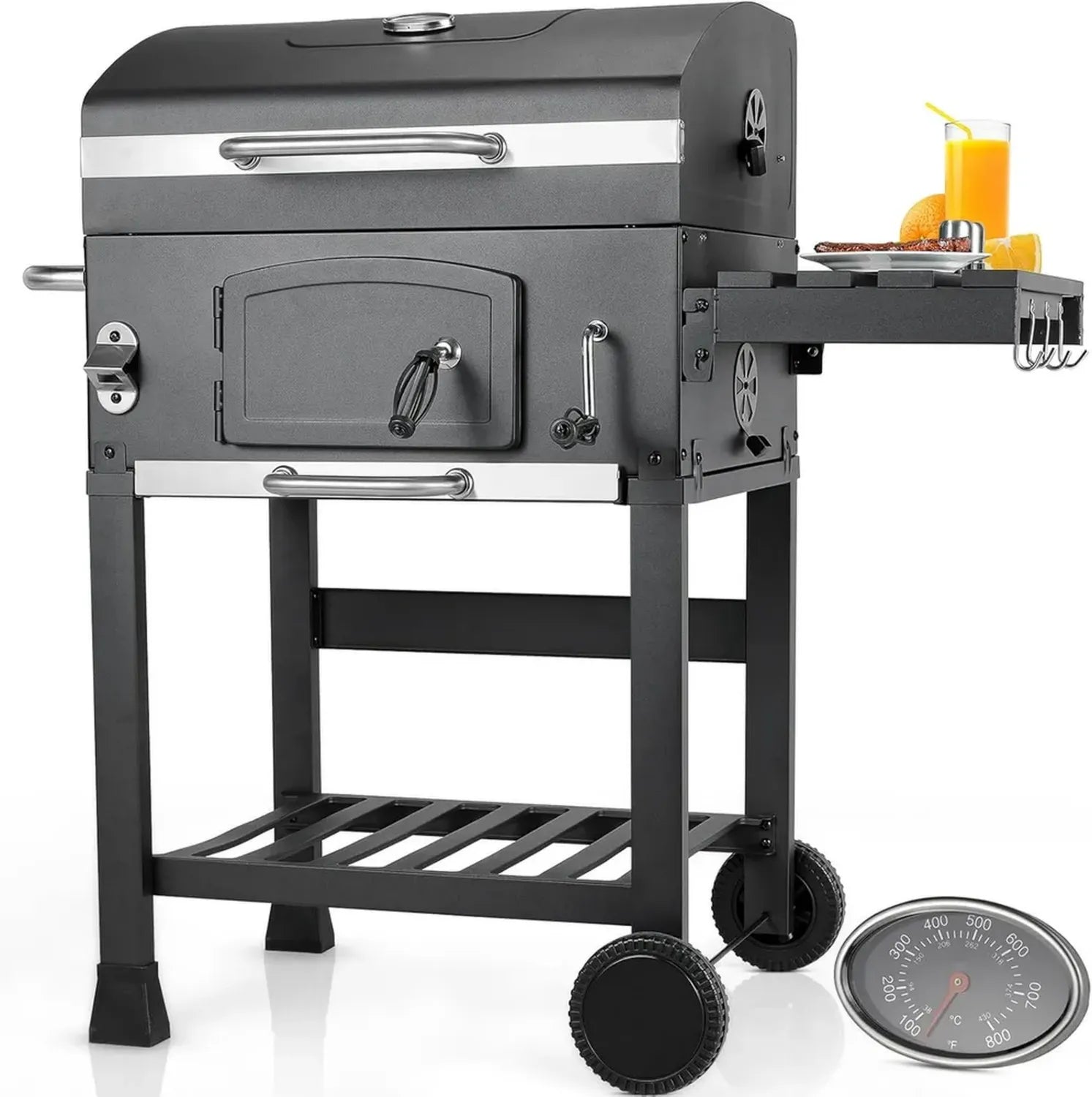 Grand BBQ Charbon Bois XL avec Couvercle et Thermomètre, Gril Réglable pour Jardin