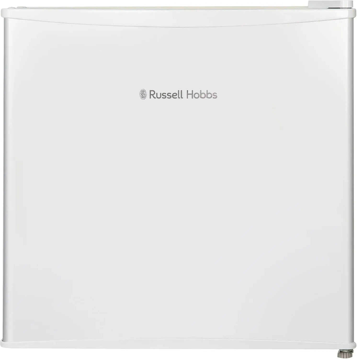 Réfrigérateur compact 43L Russell Hobbs, porte réversible, pieds ajustables, contrôle manuel, compartiment congélation, blanc