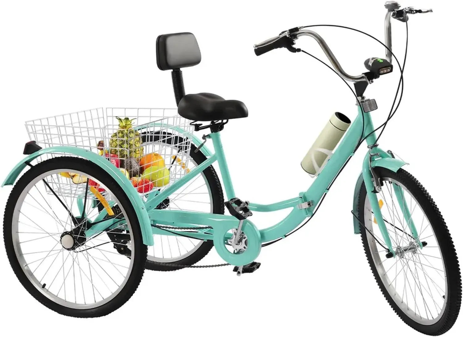 Tricycle Adulte 24', 7 Vitesses, Vélo Pliant avec LED, Porte-gobelet et Panier