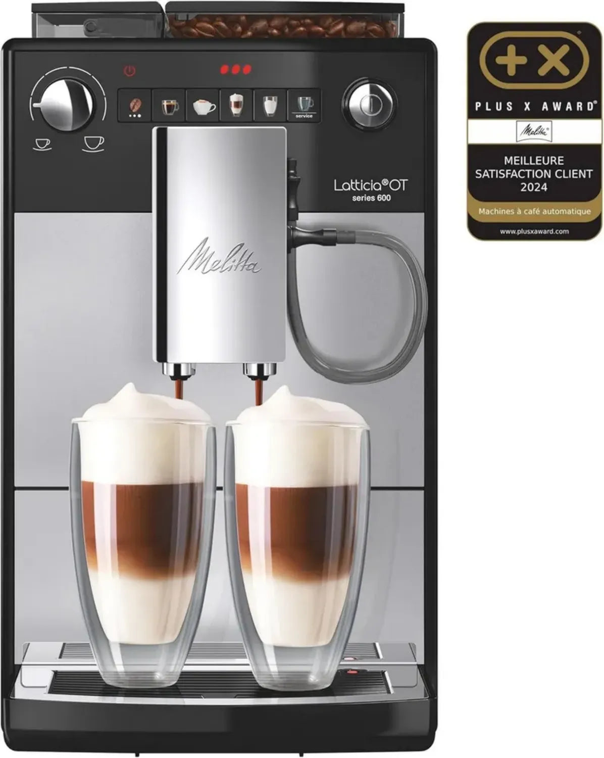 Machine à Café Automatique Melitta Latticia Argent avec Broyeur et Latte Perfection, Silencieuse, 1-2 Tasses, 1450W