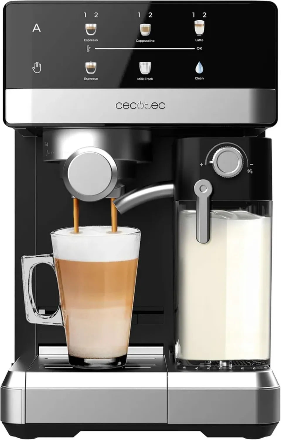 Cafetière Expresso Semi-Automatique Cecotec avec Réservoir à Lait Intégré, 1350W, 20 Bars, Mousseur et Réservoir de 1,8L