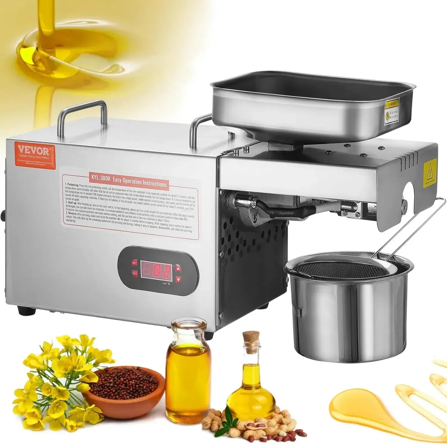Presse à Huile Électrique VEVOR 850W, Extracteur en Inox avec Température Ajustable 0-300°C, pour Cacahuètes, Graines de Sésame et Colza