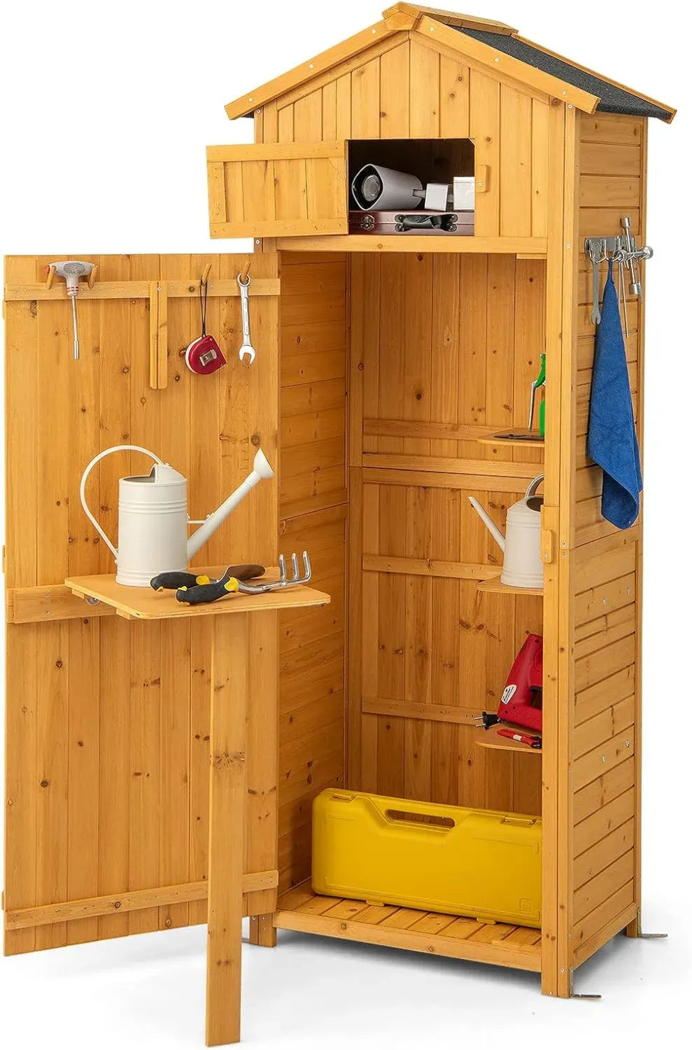 Armoire de Jardin en Bois avec 3 Étagères Amovibles et Tablette Pliable