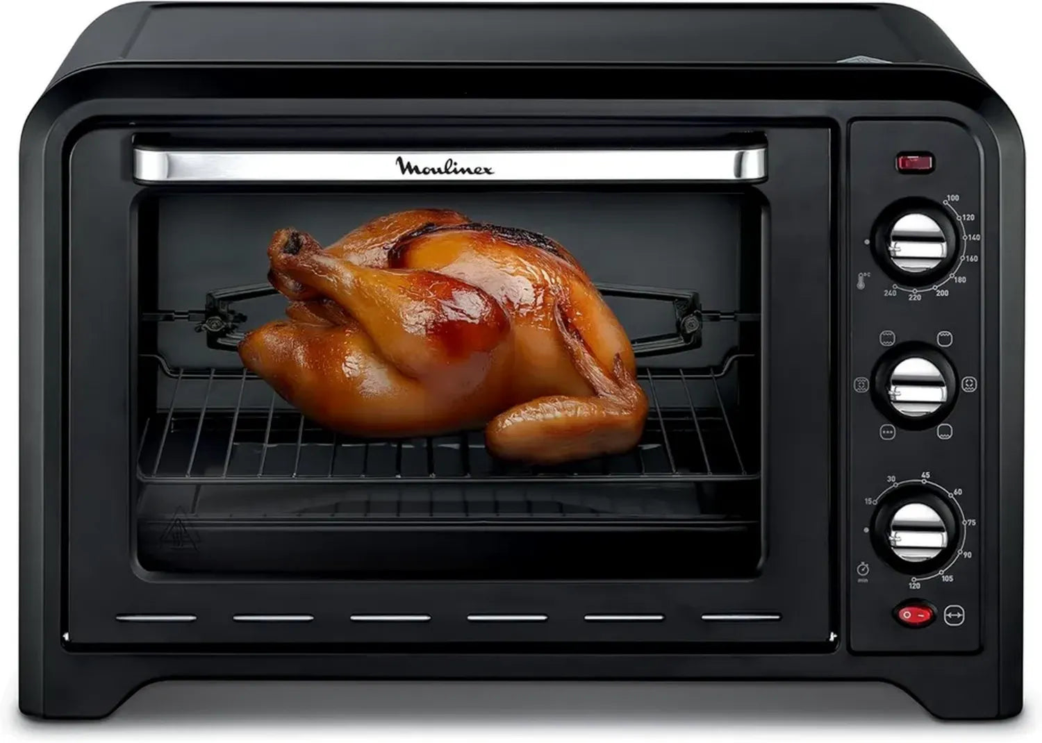 Four électrique Moulinex 60L à convection, 7 modes, tournebroche, thermostat 240°C, minuterie 120 min, 2 grilles réversibles, modèle Optimo