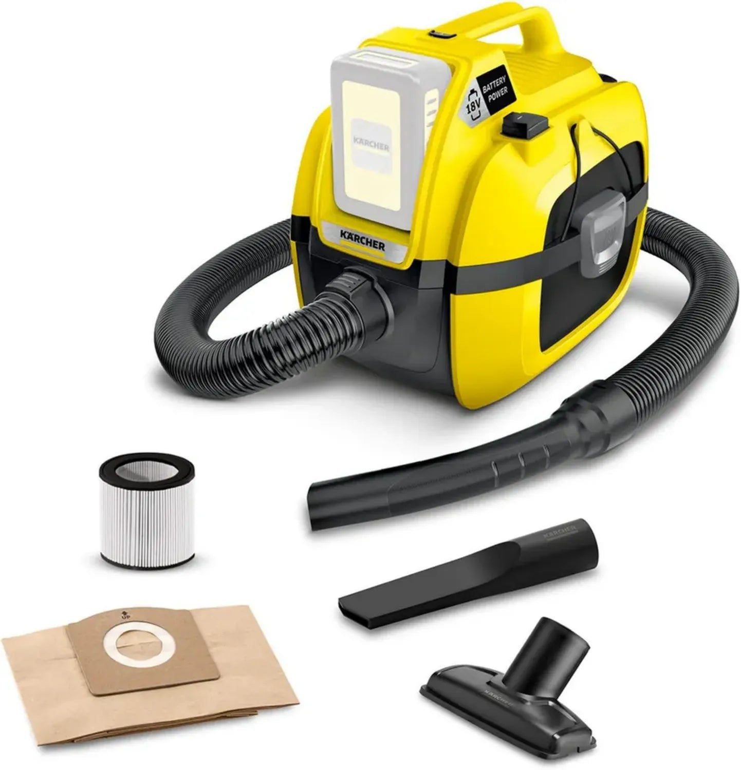 Aspirateur Sans Fil Kärcher WD 1 Compact 18V, Multifonction, Eau et Poussière, Cuve 7 L, Puissance 230 W, Batterie Non Incluse