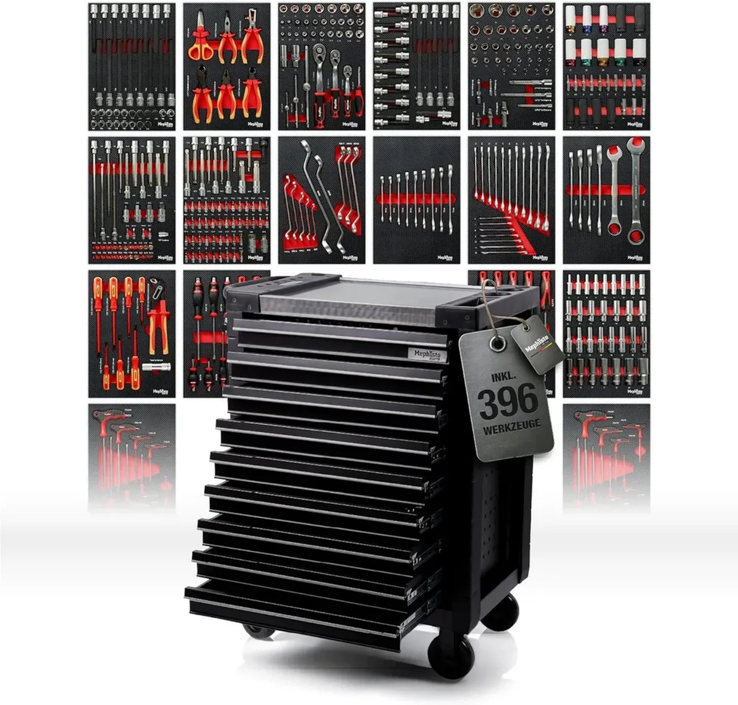 Chariot d'Atelier Mephisto ProLine Noir avec 9 Tiroirs Remplis d'Outils