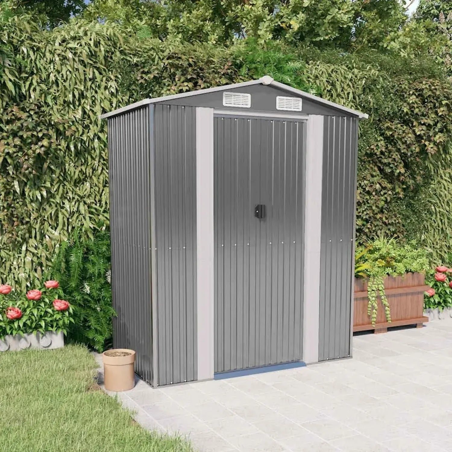 Cabane de Jardin en Acier Galvanisé, 192x108x223 cm, Gris Clair avec Porte Coulissante