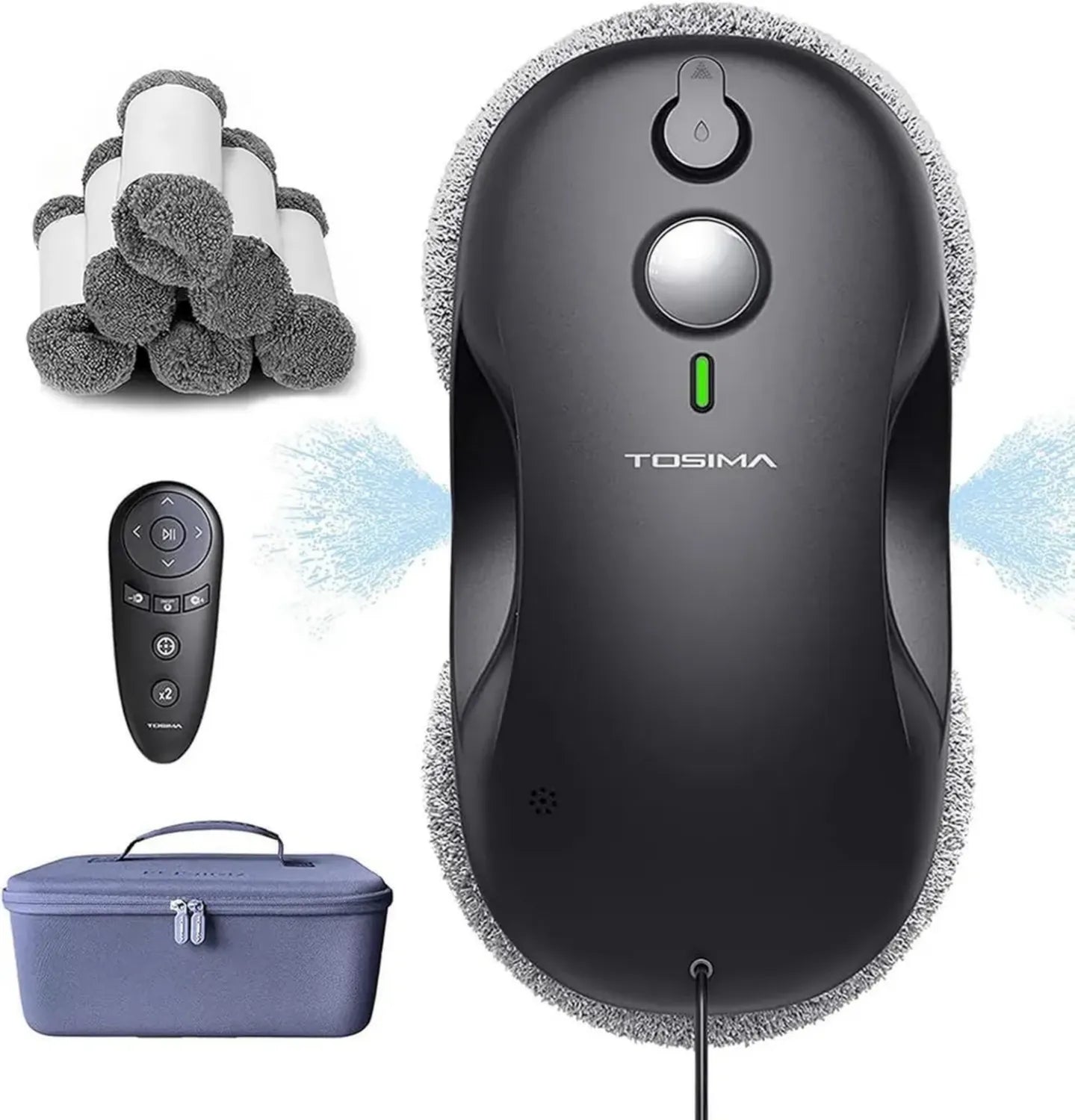 Robot lave-vitres Tosima W3 avec spray bidirectionnel et sécurité renforcée, navigation intelligente, télécommande incluse, pour surfaces lisses, livré avec 12 lingettes
