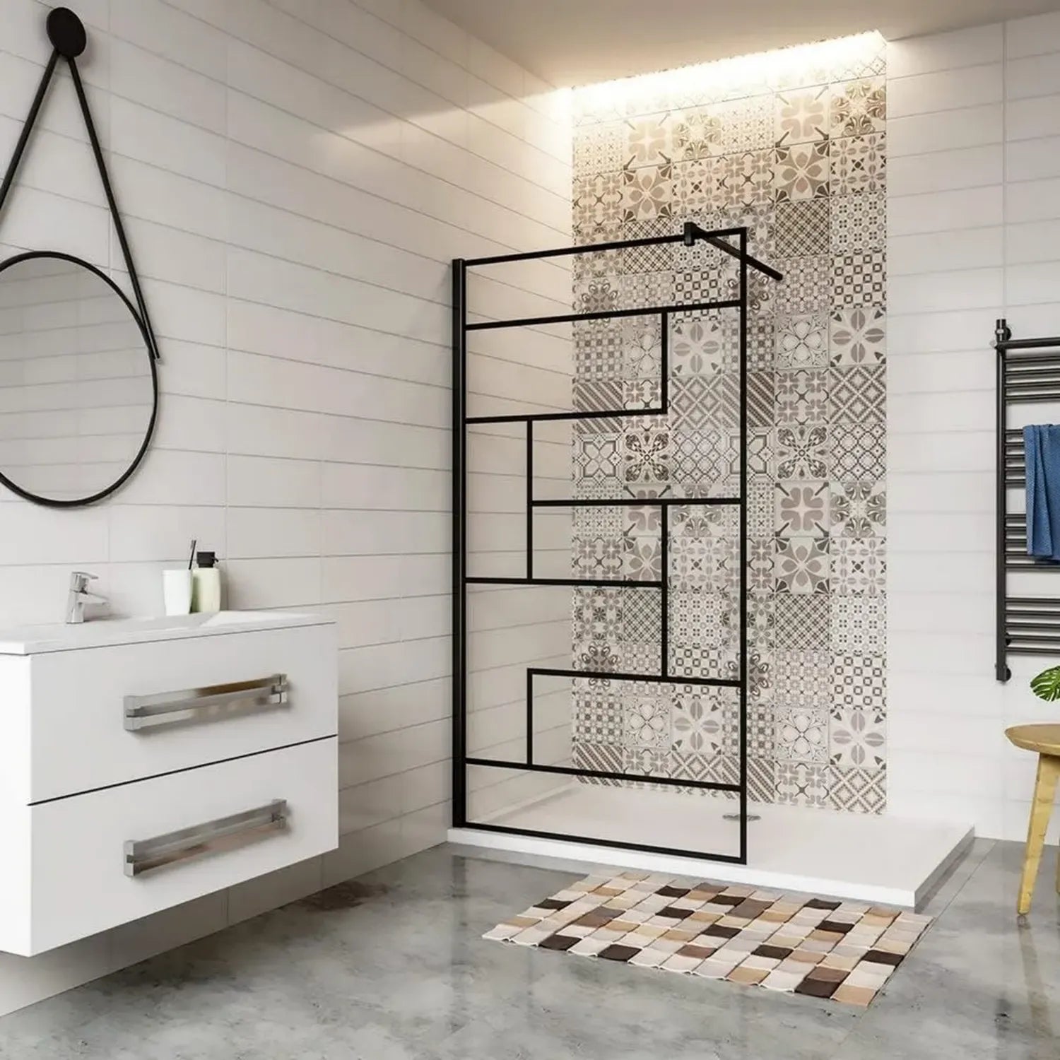 Paroi de douche italienne 80x200cm en verre trempé 8mm avec traitement anticalcaire et barre de fixation noire 90cm - Design moderne
