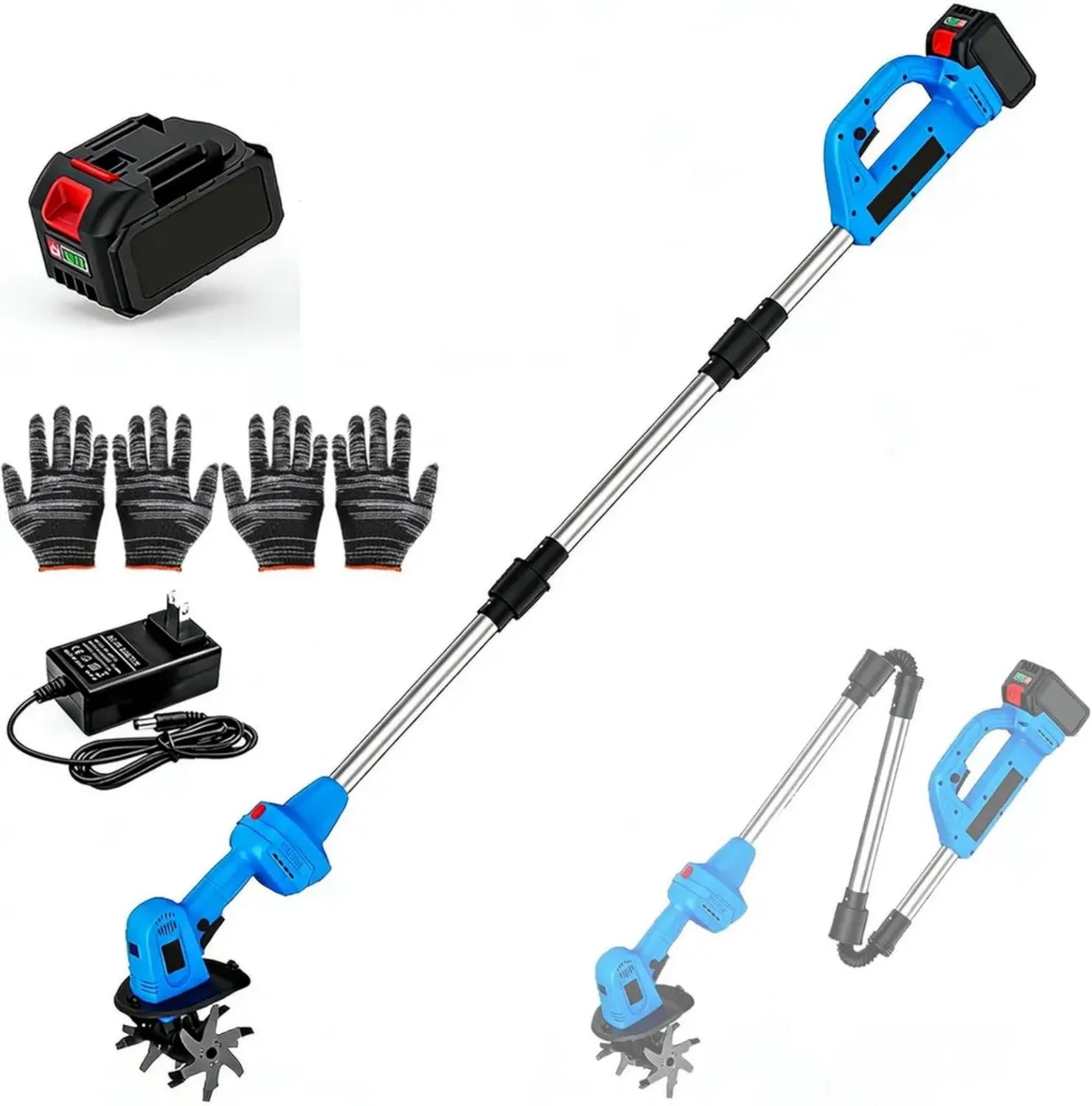 Motobineuse Électrique Sans Fil, Batterie 6000 mAh, Profondeur 10 cm, Outil de Jardinage Pliable