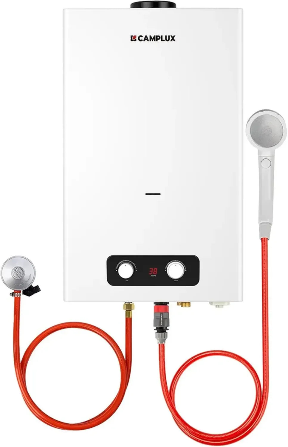 Chauffe-eau à gaz portable 16L CAMPLUX, idéal pour camping et jardin, 32kW