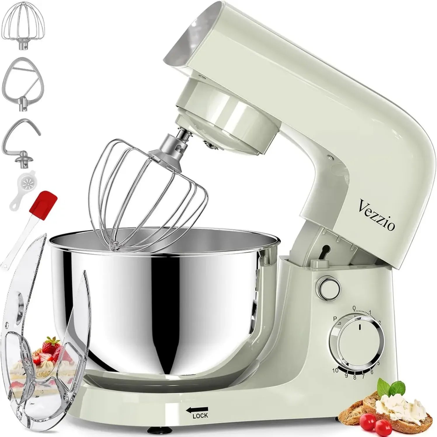 Robot Pâtissier Vezzio 1500W, 10 Vitesses, 4,5L, Vert, Accessoires Inclus