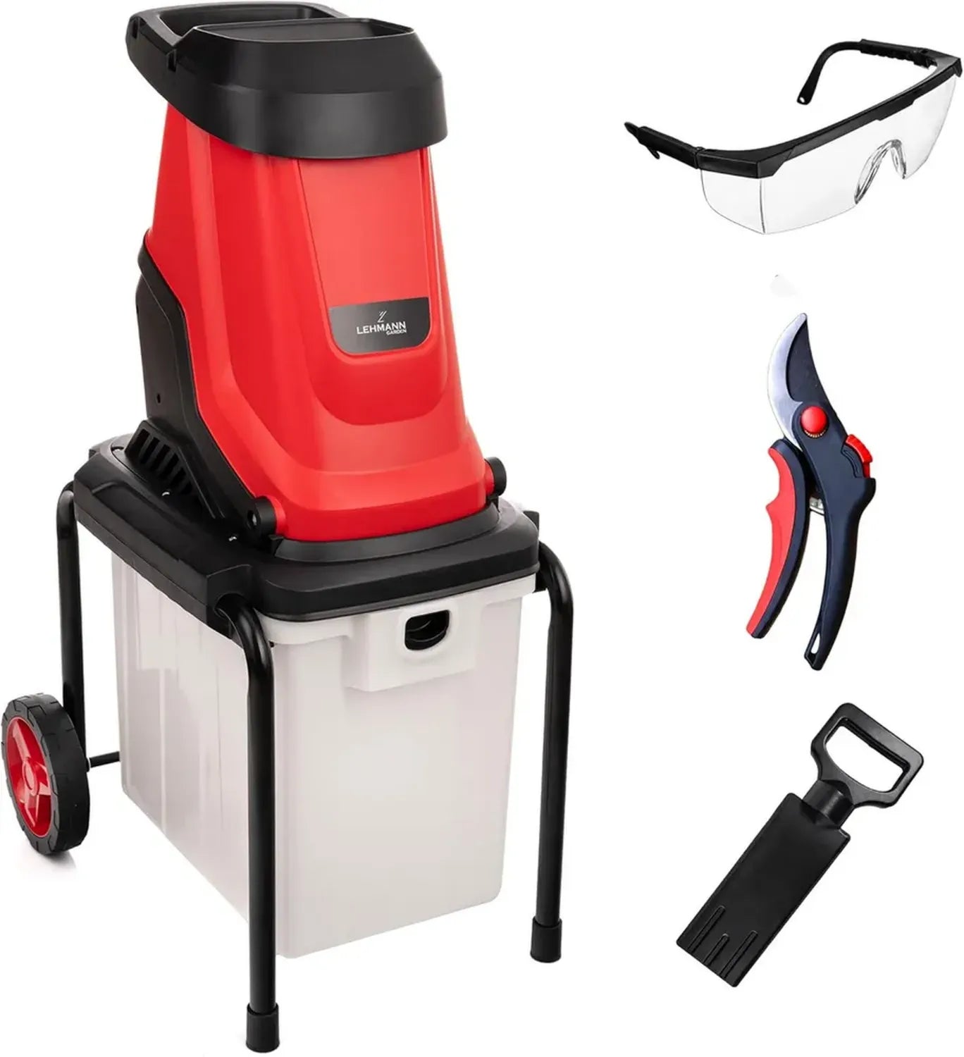 LEHMANN Déchiqueteuse Électrique 3000W, Branches jusqu'à 45mm, Structure Robuste, Roues, Bac 50L, Inclus Lunettes de Protection et Sécateur, Sécurité Optimisée