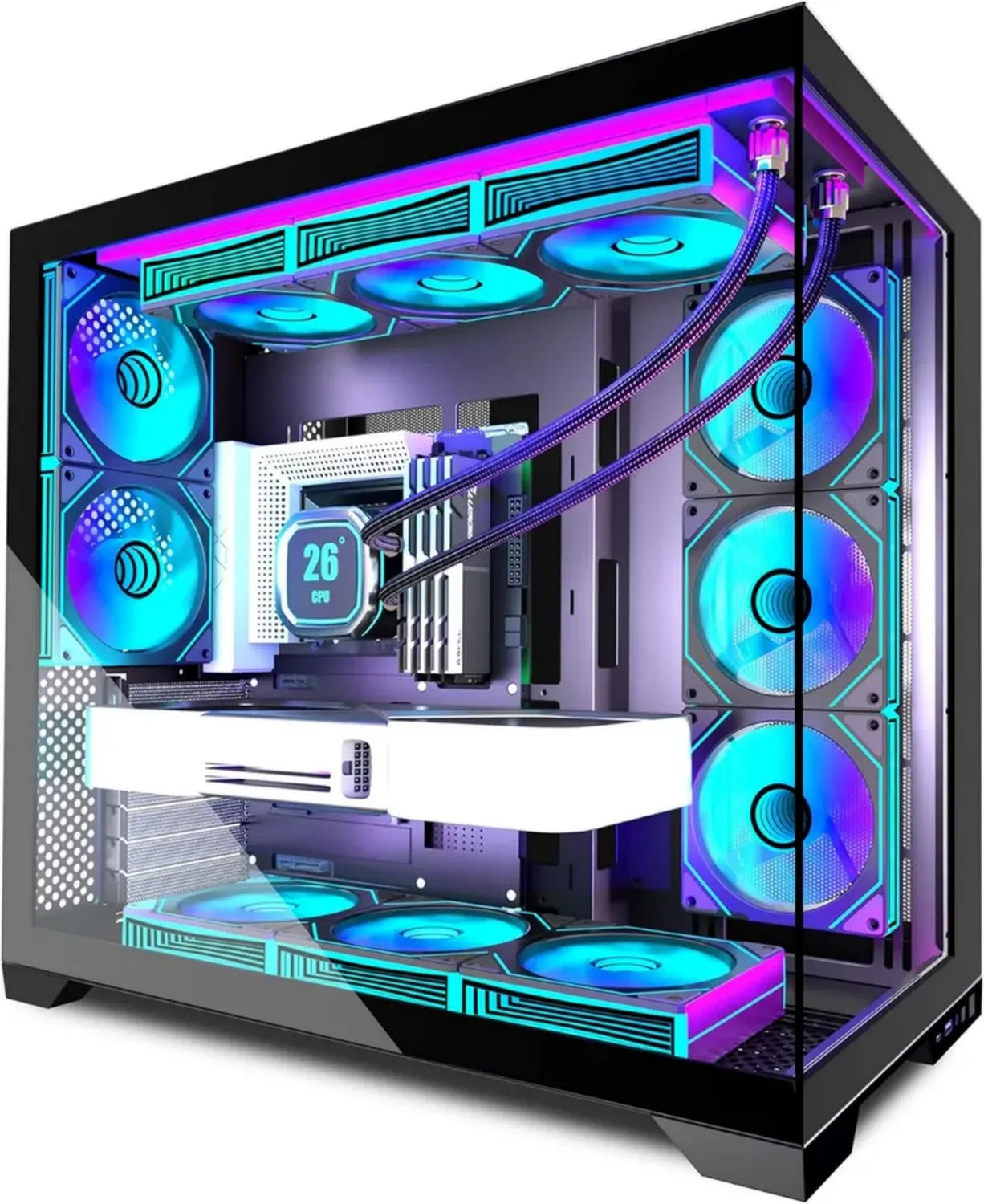 Tour PC Gaming ATX avec 9 Ventilateurs ARGB, Boîtier Moyen avec Verre Trempé et Port Type-C, Support Radiateur 360mm, Couleur Noire
