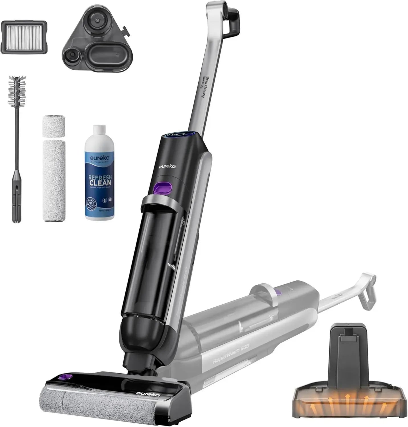 Eureka RapidWash Aspirateur Laveur sans Fil 2-en-1, Inclinaison 170°, Système Anti-enchevêtrement, Séchage Rapide 60°C, Autonomie 38 Min, Idéal pour Sols Durs