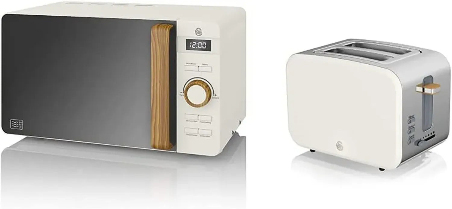 Micro-ondes Numérique 20L Swan Nordic, 800W, 6 Niveaux, Minuterie 30 min & Grille-pain 2 Tranches, Large Fente, 6 Niveaux, Blanc Mat