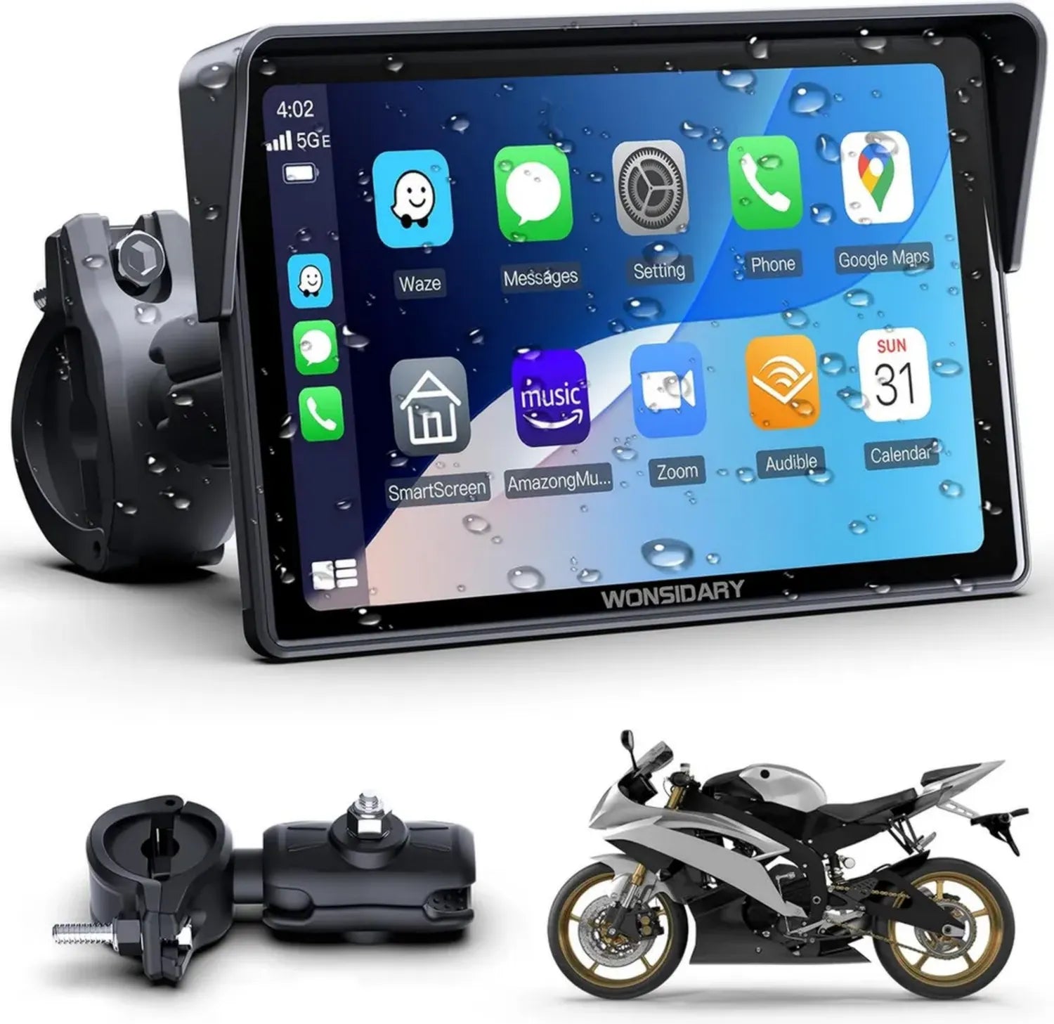 Moniteur Moto Sans Fil 5 Pouces pour CarPlay et Android Auto, Étanche avec Bluetooth, GPS, Commande Vocale et Alimentation USB