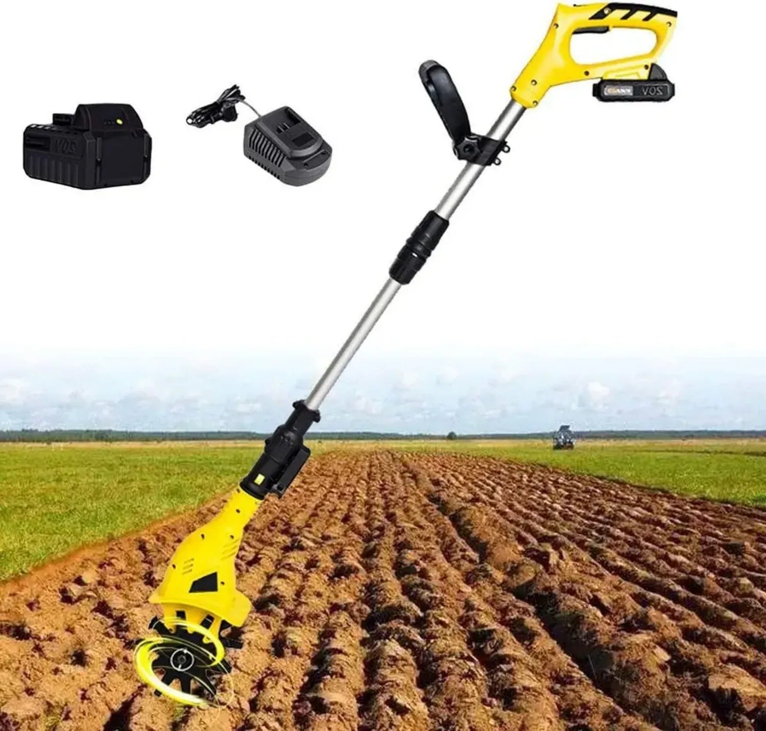 Motobineuse Électrique Sans Fil 20V avec Batterie, Profondeur de 16cm, Idéale pour Jardins et Potagers