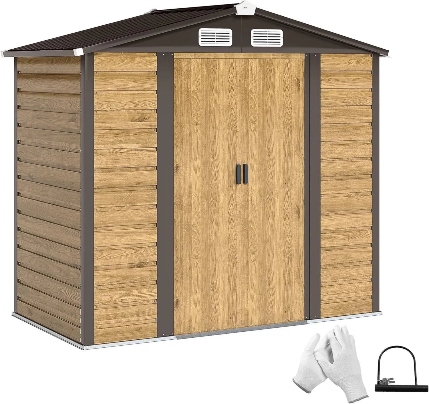 Hangar de Jardin Métallique Outsunny 2,36 m², Abri Extérieur en Acier Galvanisé, Kit de Fondation Inclus, Portes Doubles Verrouillables, 213x120x194cm, Chêne