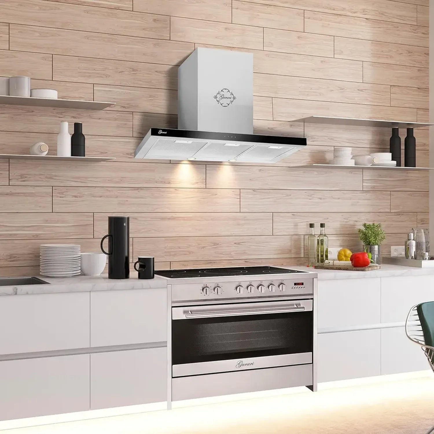Cuisinière encastrable électrique avec four 90 cm et hotte 120 cm, 121 L, verre noir et inox