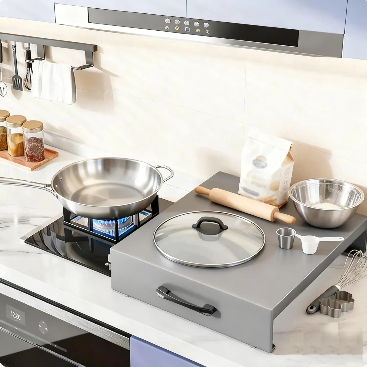 Couvercle de protection multifonction pour cuisinière à gaz avec poignées - Idéal pour petites cuisines (Gris, 40x50x9 cm)